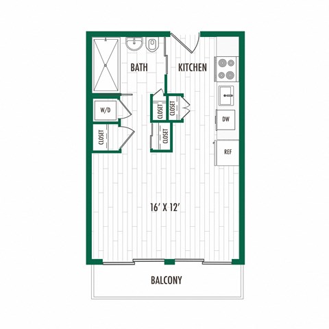 Floor plan for studio, 1 bath, 444 sqft
